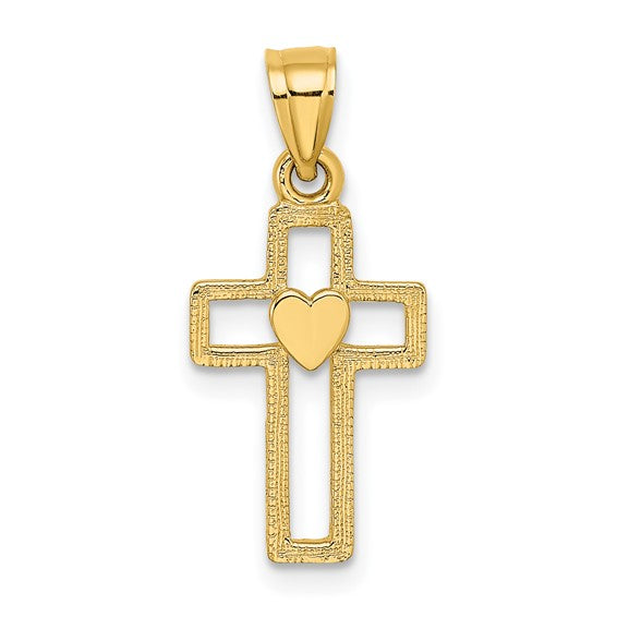 14K Cut-Out Cross with Heart Charm