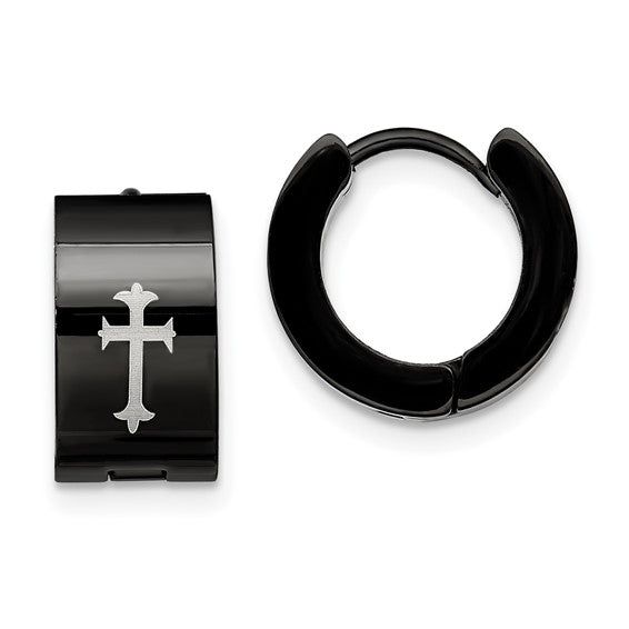 Stainless Black 7mm Hinged Hoop with Cross Earrings SRE337