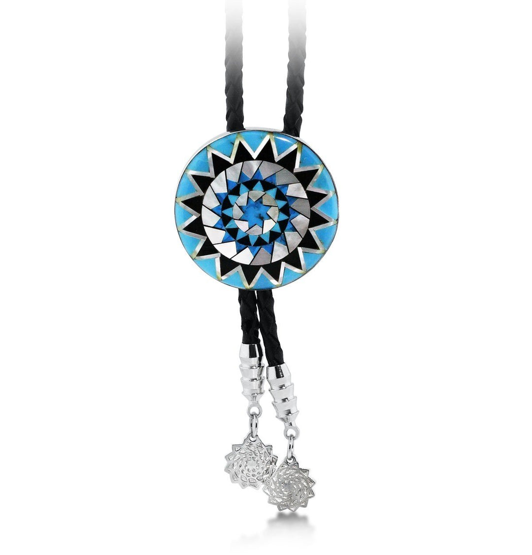 Pinecone Patchwork Inlay Bolo Sterling Turquoise-LumbeeJewelry.com