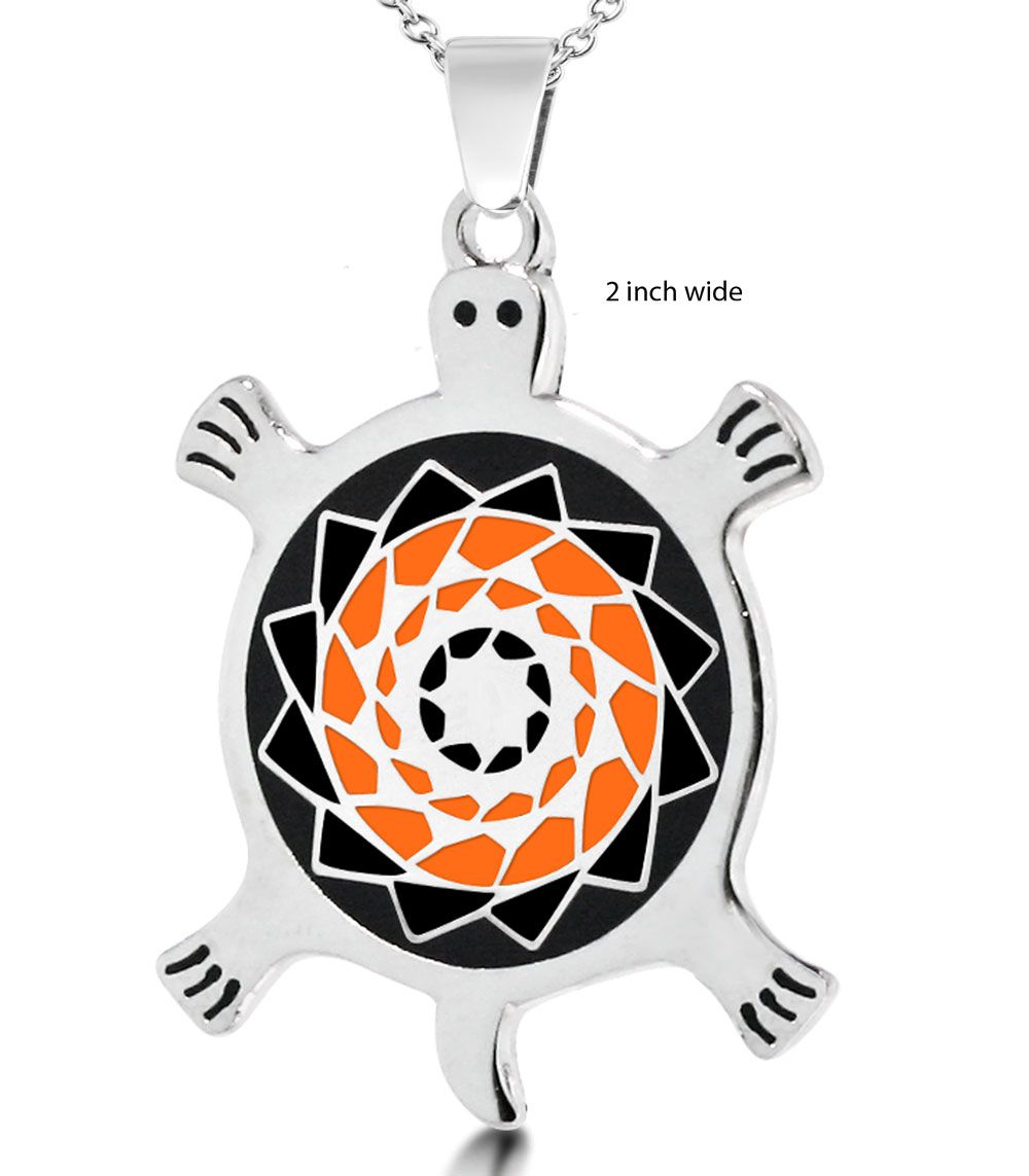 Pinecone Patchwork Large Turtle Pendant (Orange/Black)-LumbeeJewelry.com