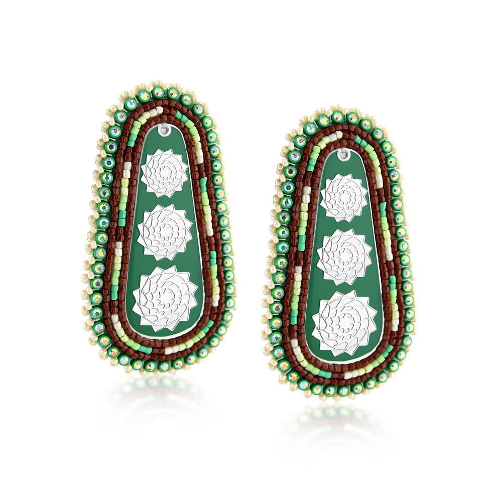 Hand Beaded Pinecone Patchwork Slab Earrings Green-LumbeeJewelry.com