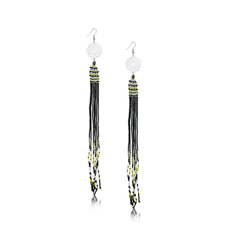 Seed Beaded Earrings Black Yellow 5in Long-LumbeeJewelry.com