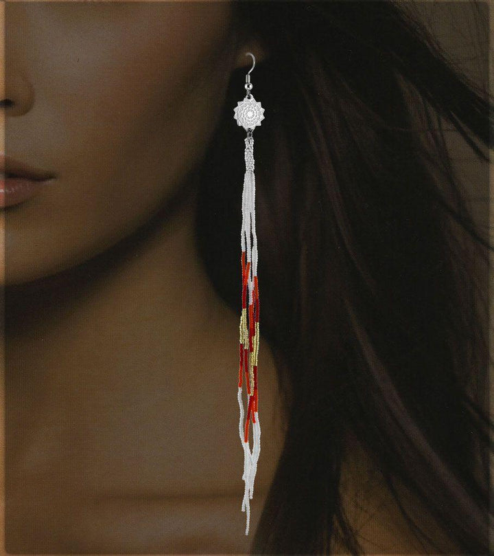 White Orange Seed Beads Beaded Extra Long Earrings 7.5-LumbeeJewelry.com