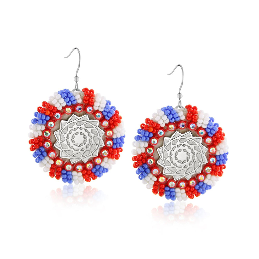 Hand Beaded Red White Blue SM Rd Earrings-LumbeeJewelry.com