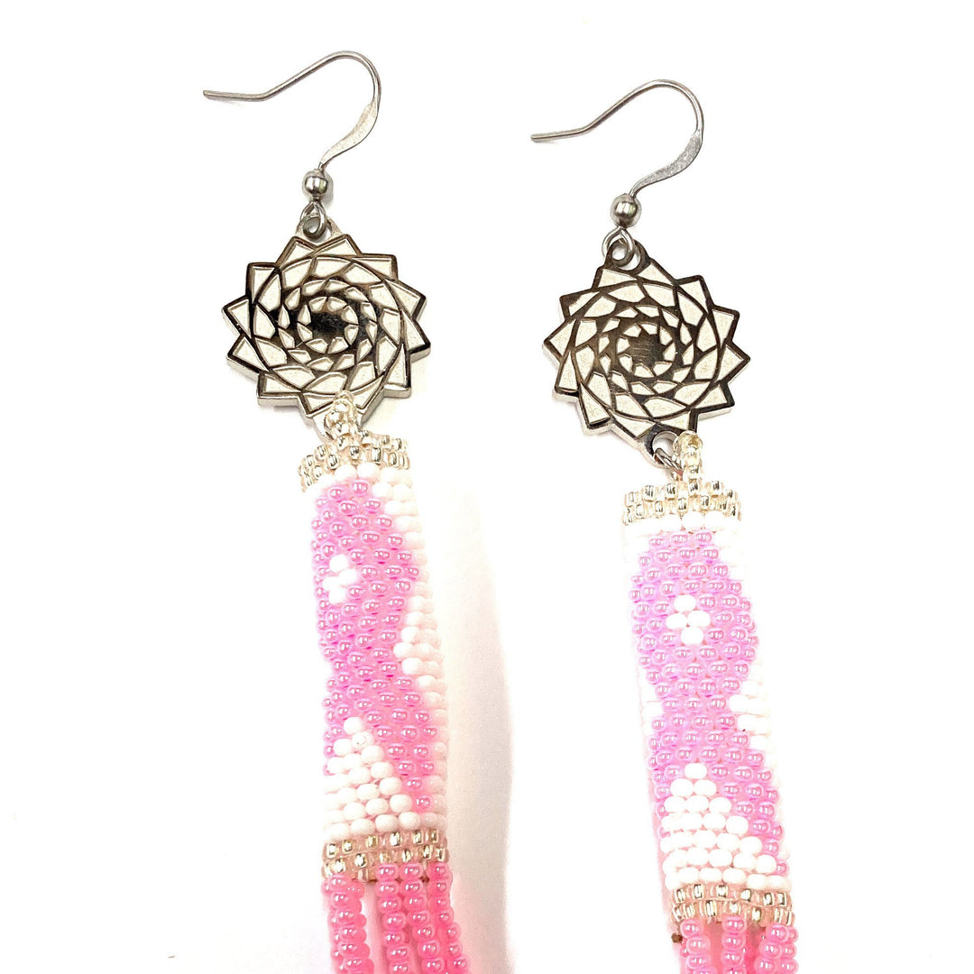 Seed Beaded Cancer Pink Awareness Earrings-LumbeeJewelry.com
