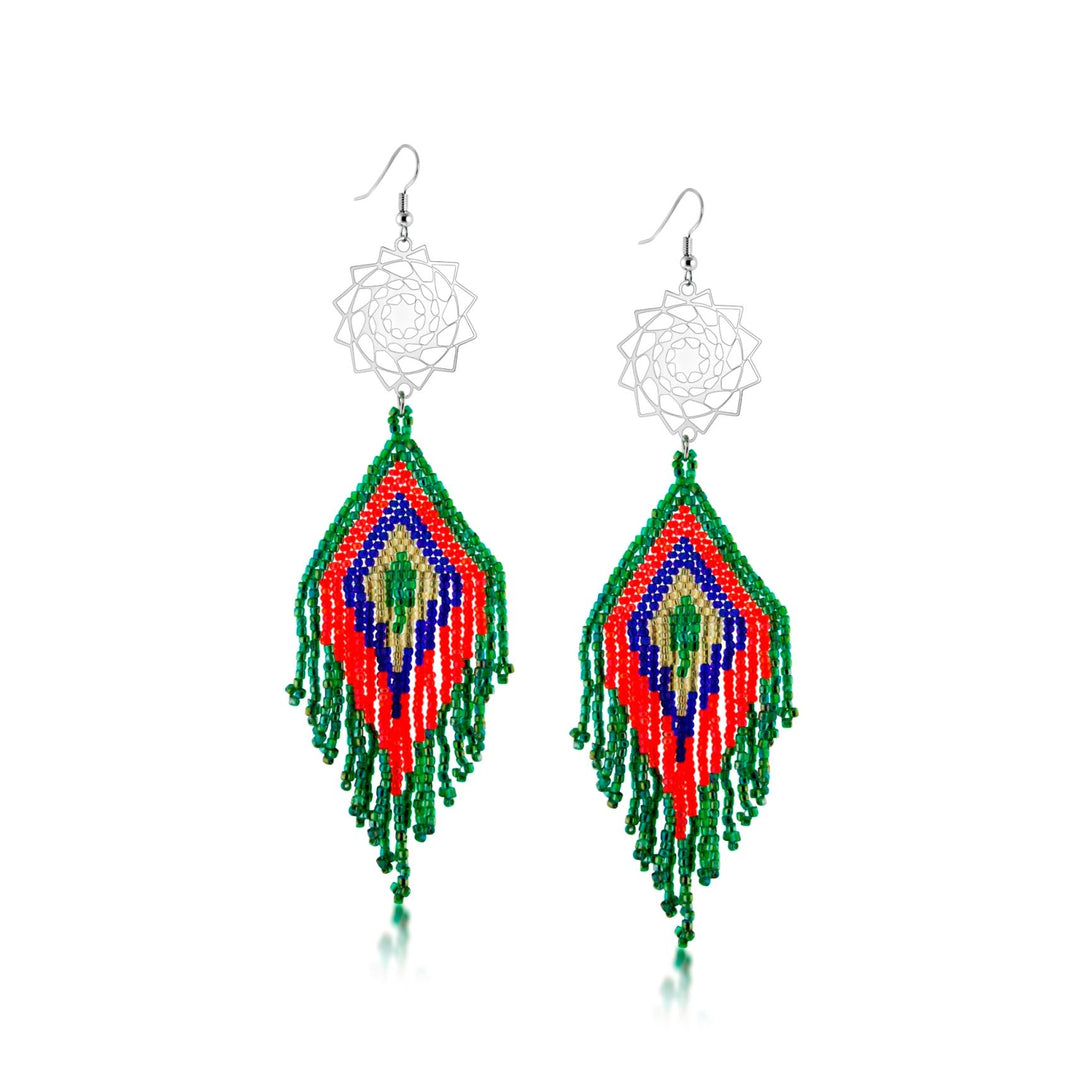 Seed Beaded Earrings Red Green-LumbeeJewelry.com