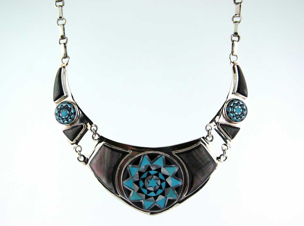 Pinecone Patchwork Inlay Necklace Black MOP Sterling-LumbeeJewelry.com