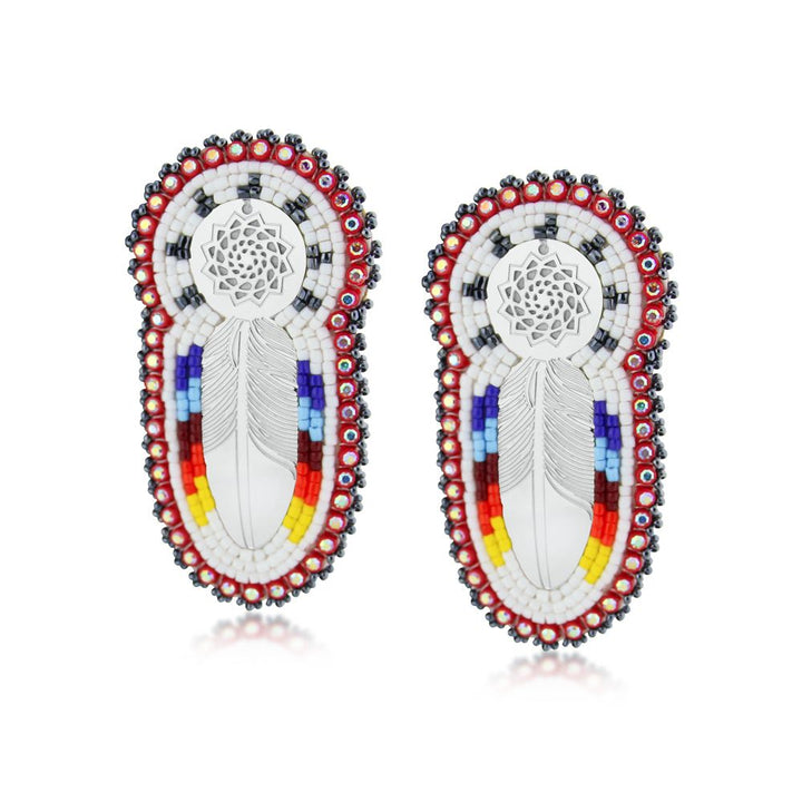 Hand Beaded Feather Slab Earrings Red