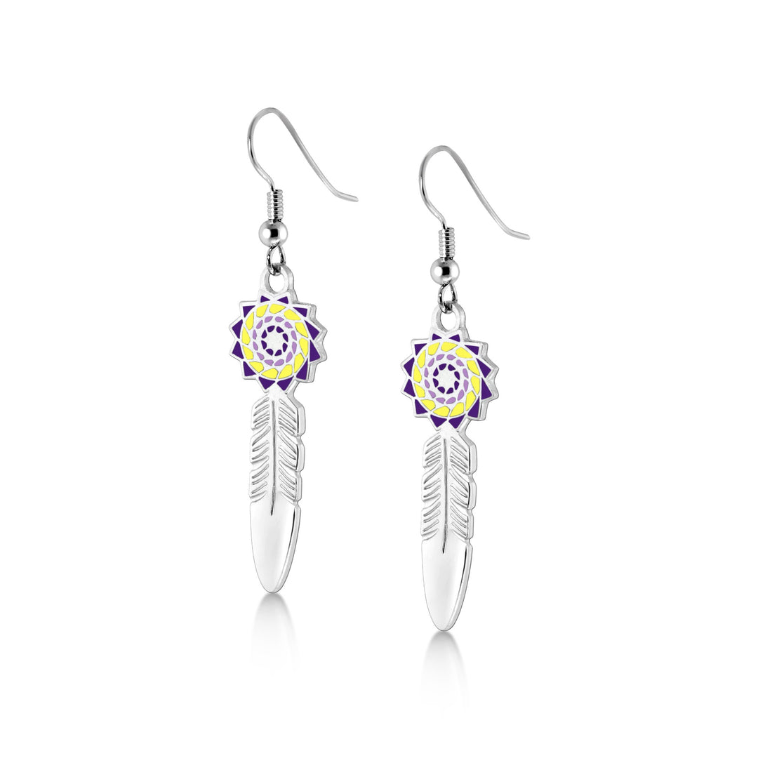 Pinecone Patchwork Birthstone Feather Earring (Purple/Yellow)-LumbeeJewelry.com