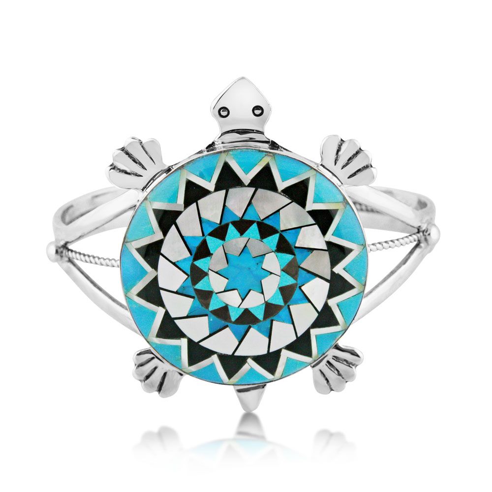 Pinecone Patchwork Inlay Turtle Bracelet Turquoise MOP Sterling-LumbeeJewelry.com