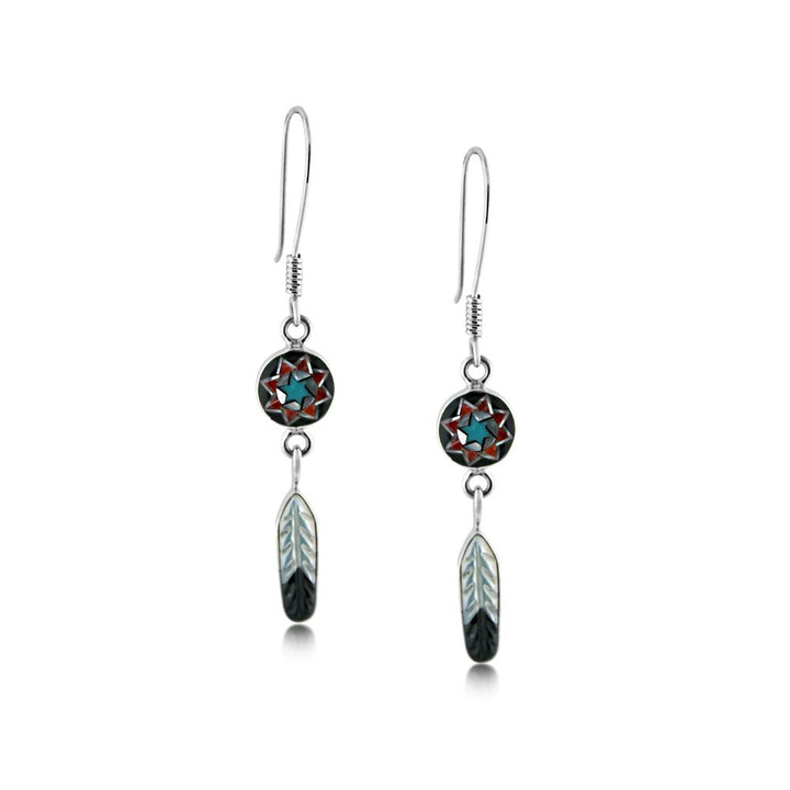 Pinecone Patchwork Inlay Feather Earrings Sterling-LumbeeJewelry.com