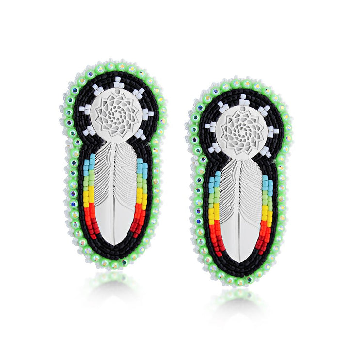 Hand Beaded Earrings Feather Lime Green Black