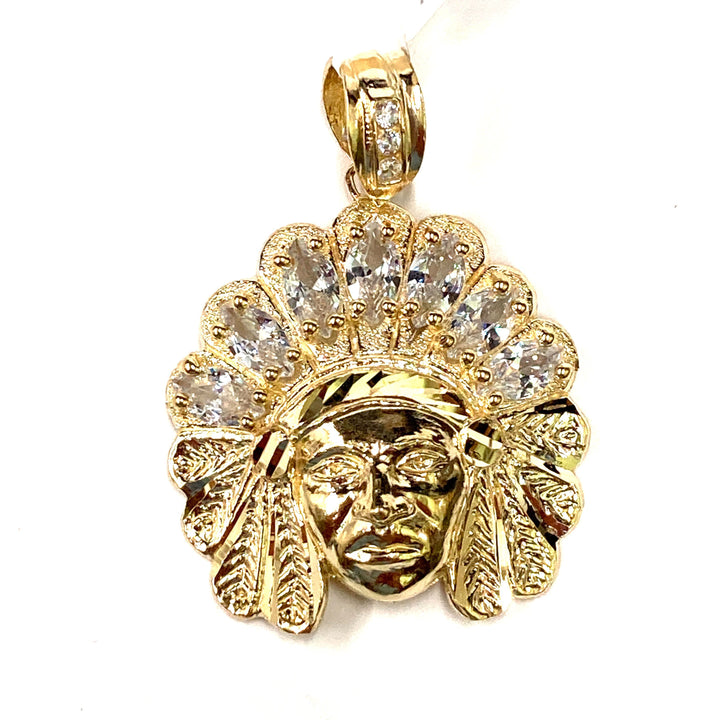 10kt Gold Indian Head w/Stones Charm Pendant-LumbeeJewelry.com