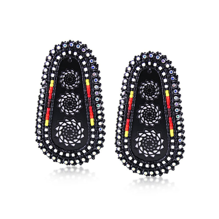 Hand Beaded Earrings Slab Black Red