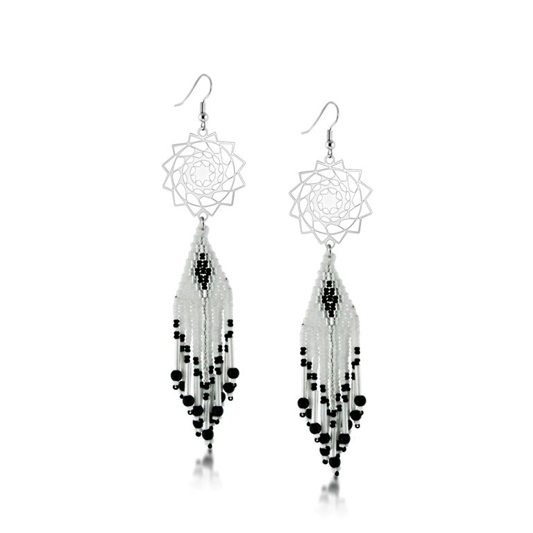 Seed Beaded Earrings White Black-LumbeeJewelry.com