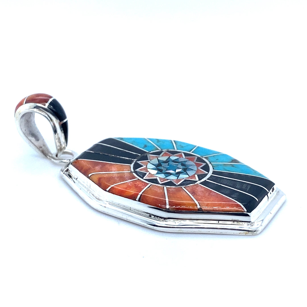 Pinecone Patchwork Inlay Pendant Turquoise Orange Sterling