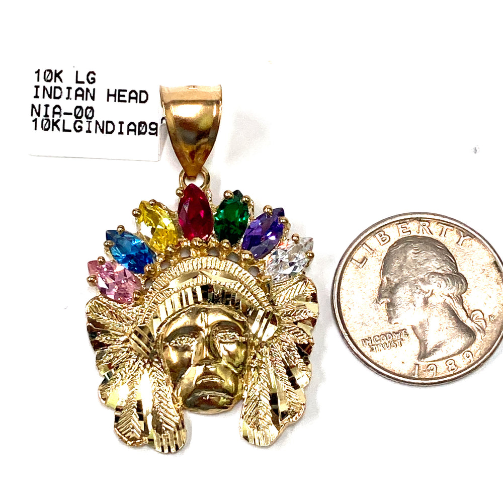 10kt Gold Large Indian Head w Multi Stones Charm Pendant-LumbeeJewelry.com