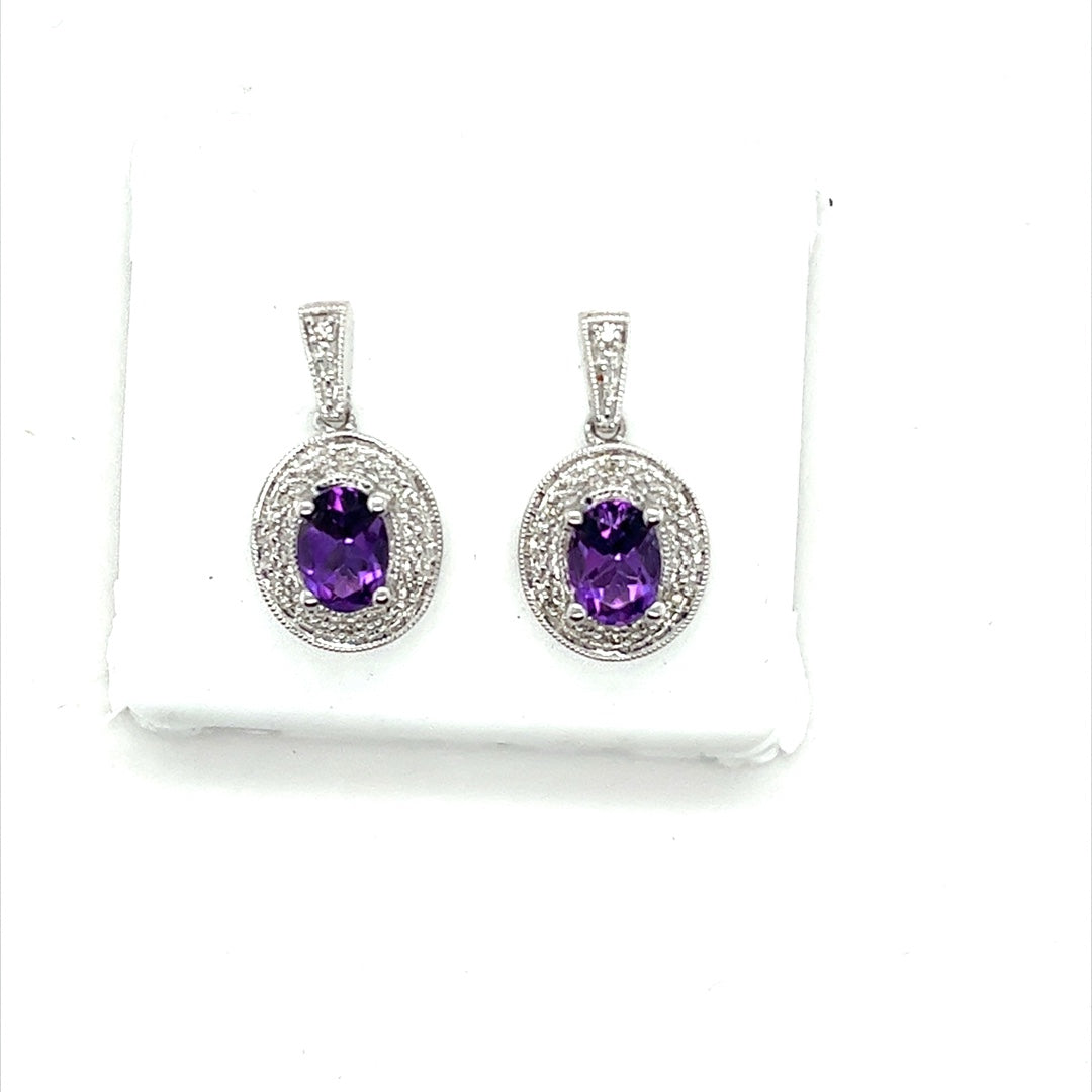 Sterling Silver Oval Amethyst Diamond Earrings