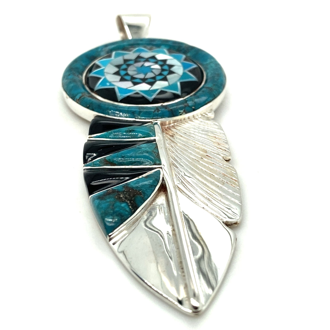 Large Inlay Feather Pendant Turquoise