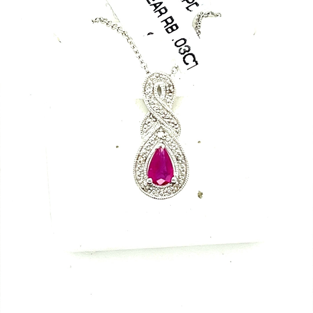 Sterling Silver Pear Shaped Ruby and Diamond Necklace