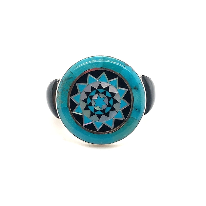 Pinecone Patchwork Inlay Gents Turquoise Black Horn Ring Sterling