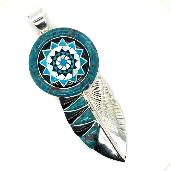 Large Inlay Feather Pendant Turquoise