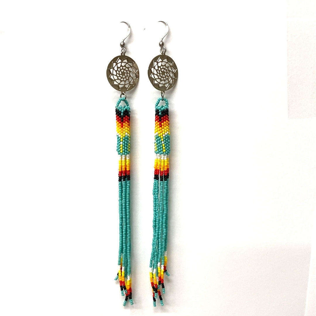 Seed Beads Earrings Green Turquoise Extra Long 5.5 inch-LumbeeJewelry.com