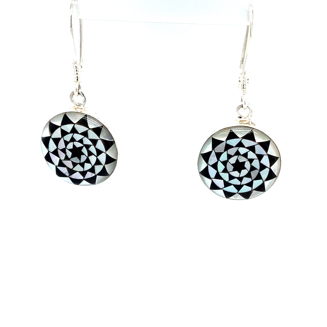 Inlay Sterling White Black Earrings 3/4 inch round-LumbeeJewelry.com