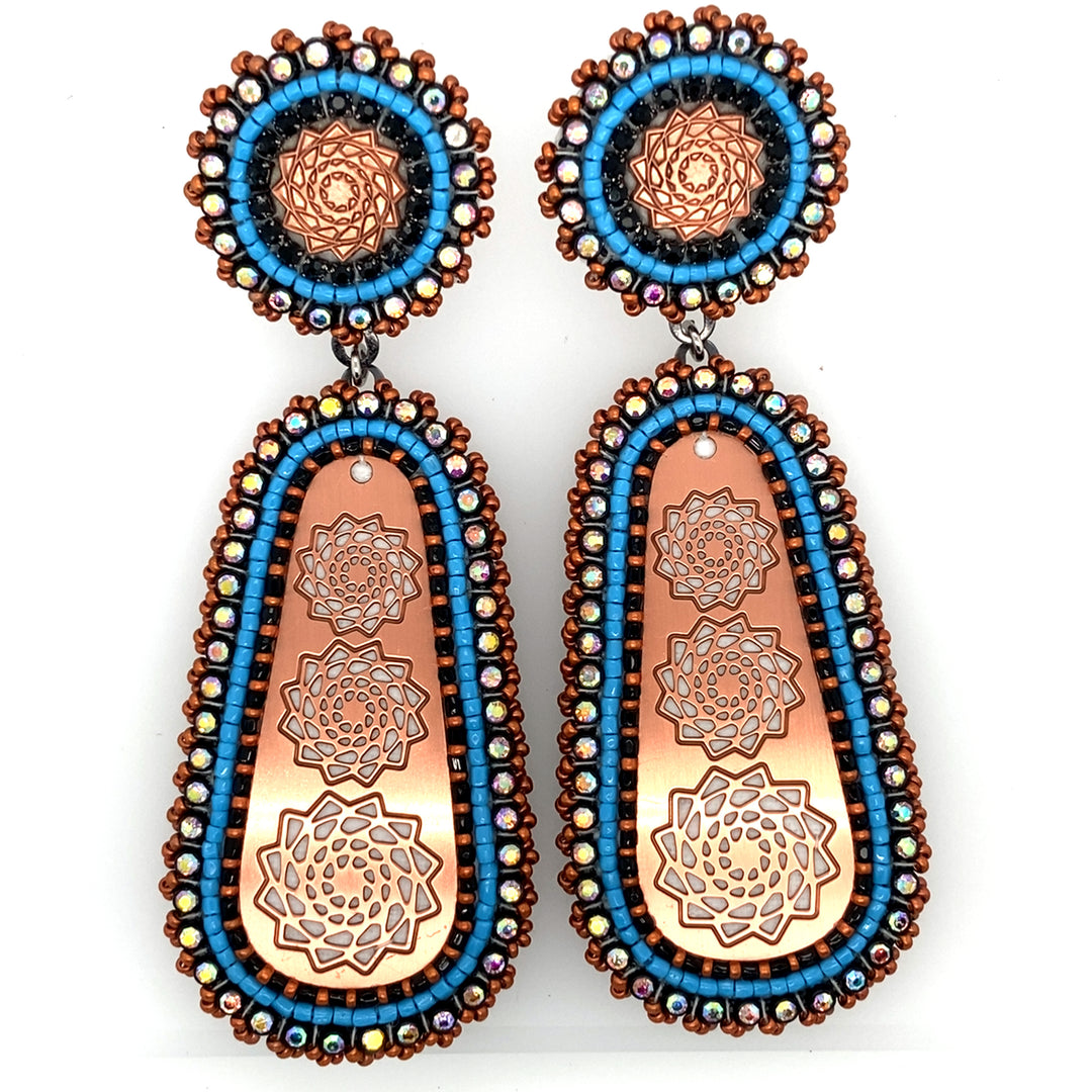 Hand Beaded Double Copper Earrings Turquoise-LumbeeJewelry.com