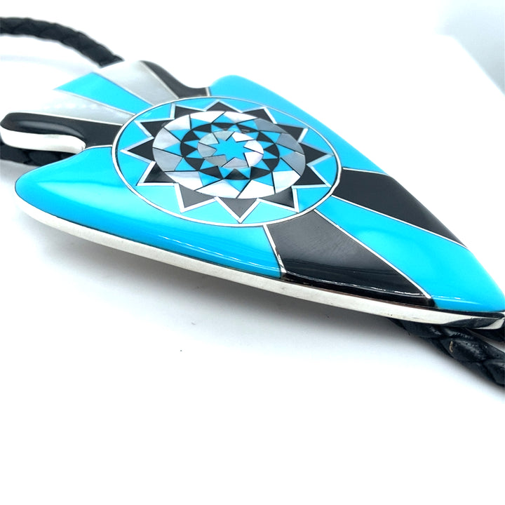 Inlay Arrow Head Bolo Pinecone Patchwork Sterling Turquoise, Mother of Pearl, Black Buffalo Horn