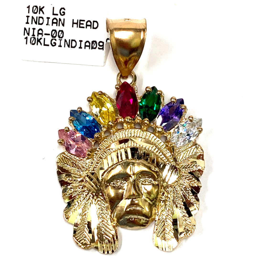 10kt Gold Large Indian Head w Multi Stones Charm Pendant-LumbeeJewelry.com