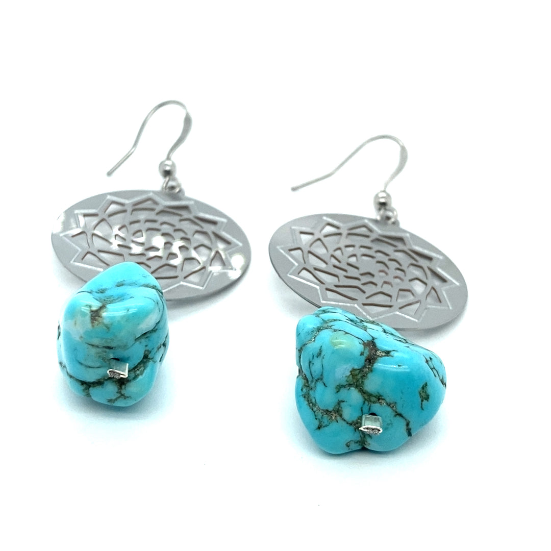 Pinecone Patchwork Shiny Disc Earring Medium w/stone Turquoise