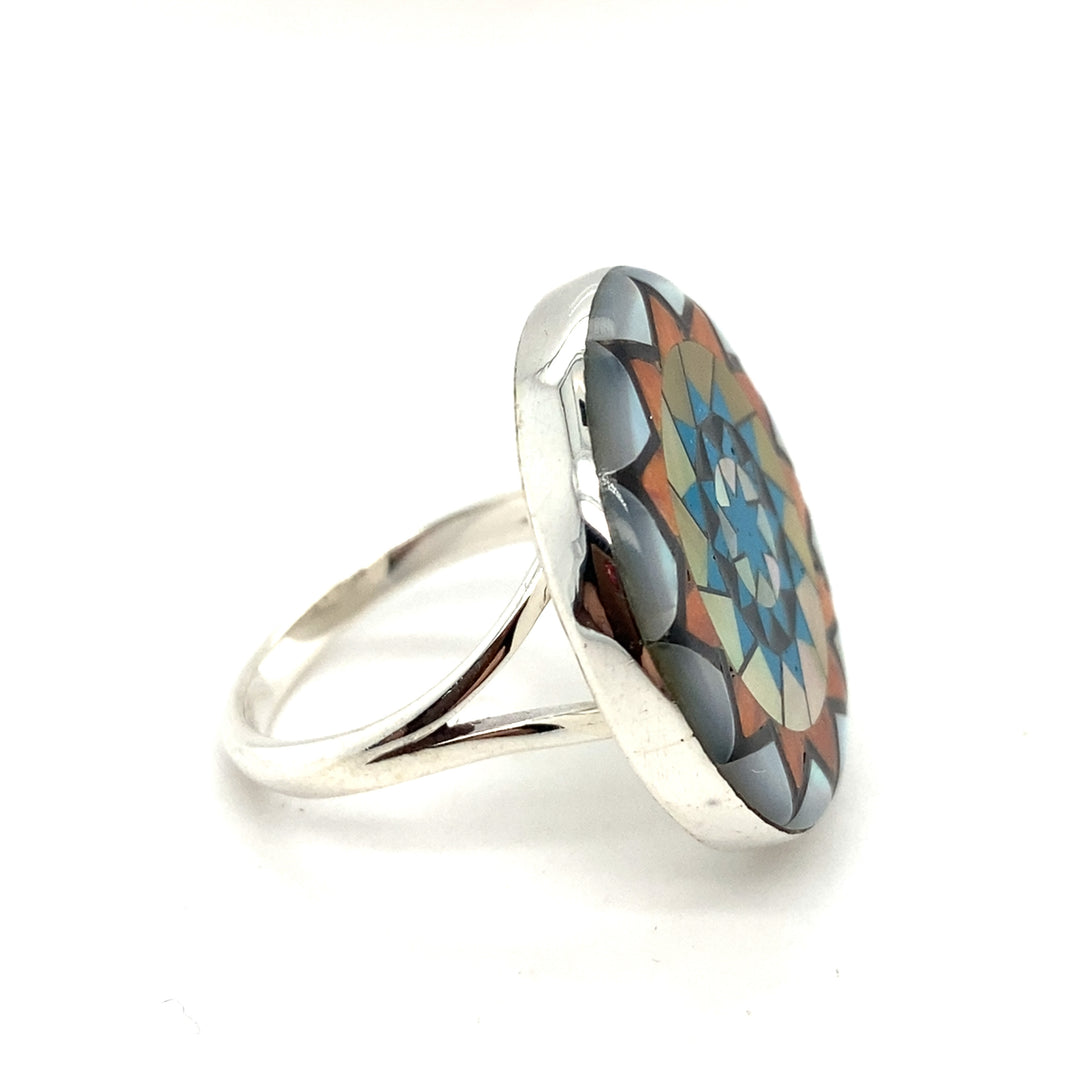 Pinecone Patchwork Inlay MOP Orange Turquoise Yellow Ring