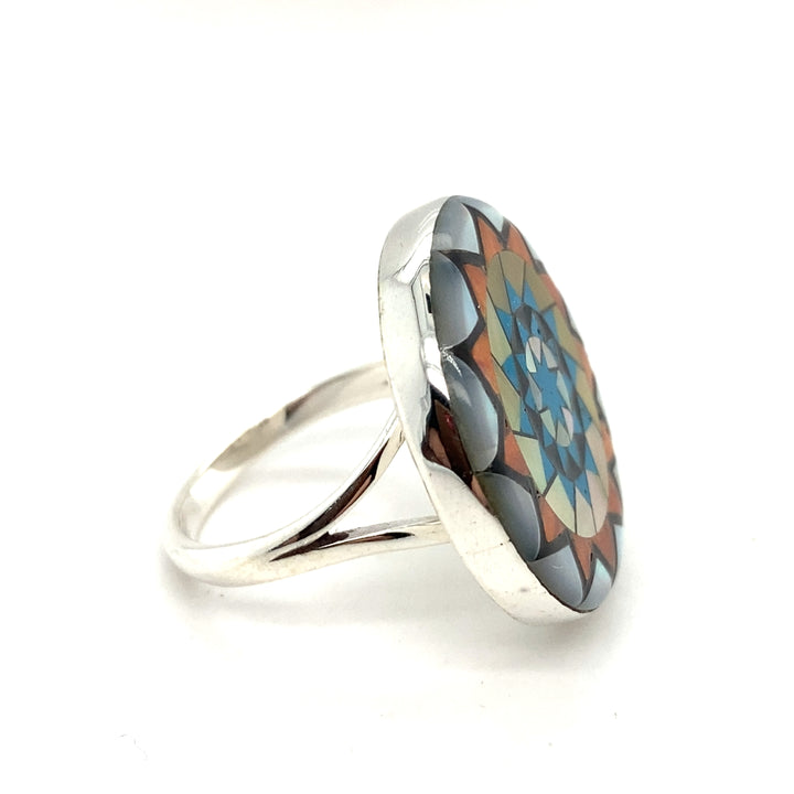 Pinecone Patchwork Inlay MOP Orange Turquoise Yellow Ring