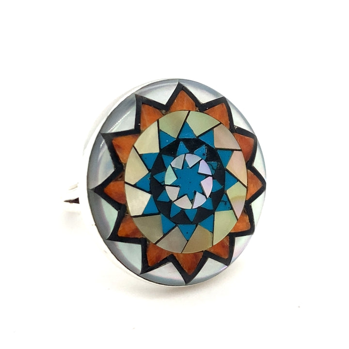 Pinecone Patchwork Inlay MOP Orange Turquoise Yellow Ring