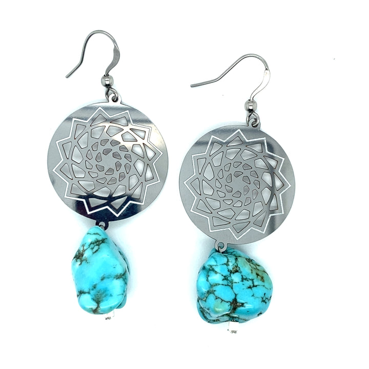 Pinecone Patchwork Shiny Disc Earring Medium w/stone Turquoise