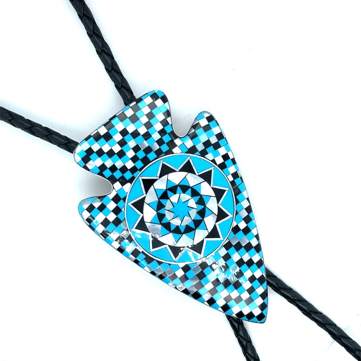 Arrow Head Bolo Pinecone Patchwork Sterling Turquoise, Mother of Pearl, Black Buffalo Horn