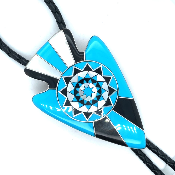 Inlay Arrow Head Bolo Pinecone Patchwork Sterling Turquoise, Mother of Pearl, Black Buffalo Horn