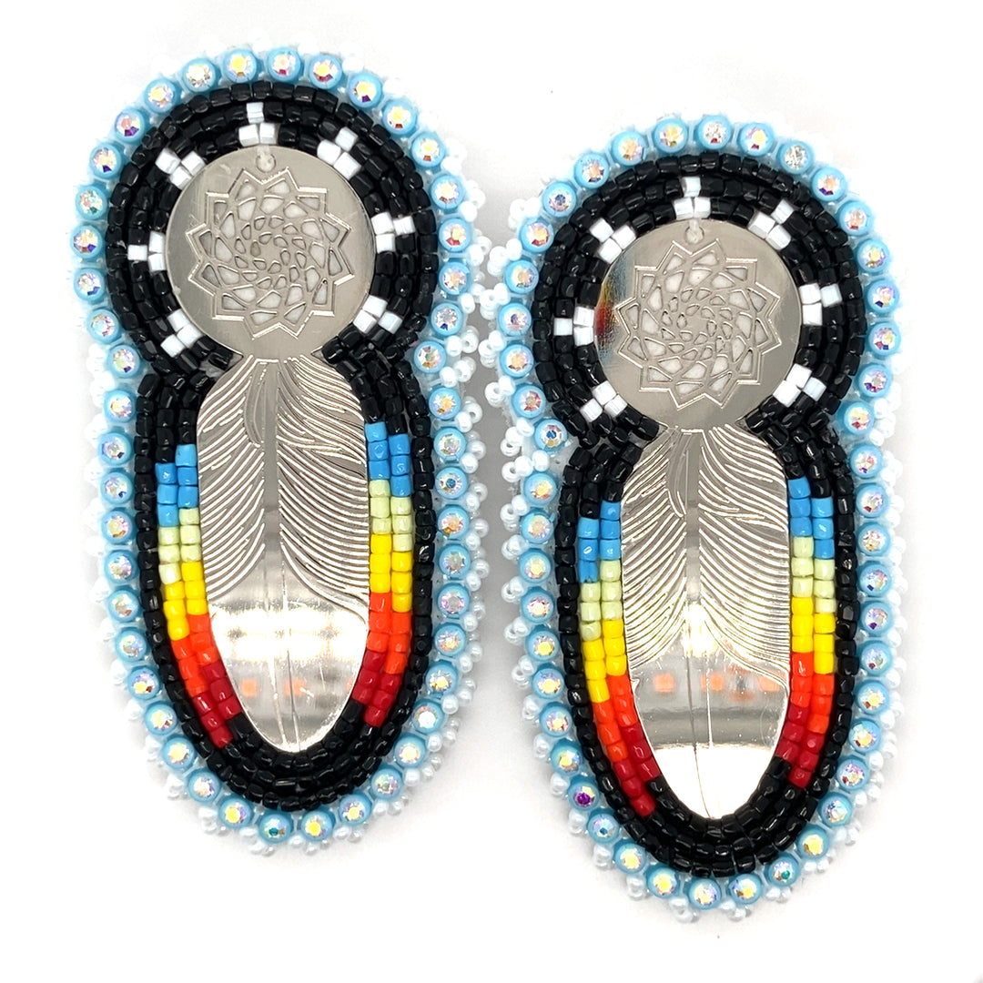 Hand Beaded Earrings Feather Turquoise-LumbeeJewelry.com