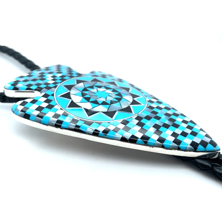 Arrow Head Bolo Pinecone Patchwork Sterling Turquoise, Mother of Pearl, Black Buffalo Horn