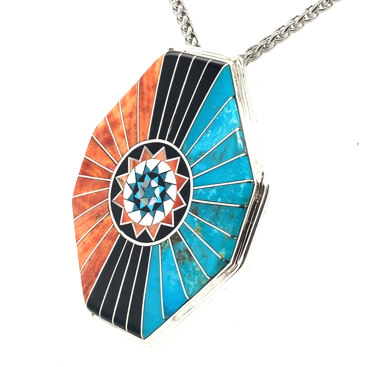 Pinecone Patchwork Inlay Pendant Large Turquoise Orange Sterling