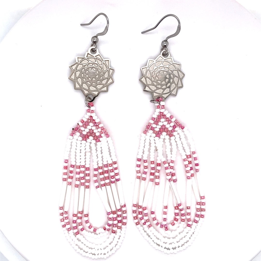 Hand Beaded Earrings Pink White