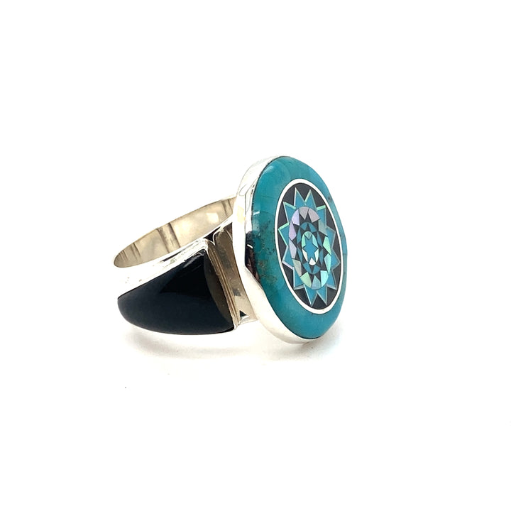 Pinecone Patchwork Inlay Gents Turquoise Black Horn Ring Sterling