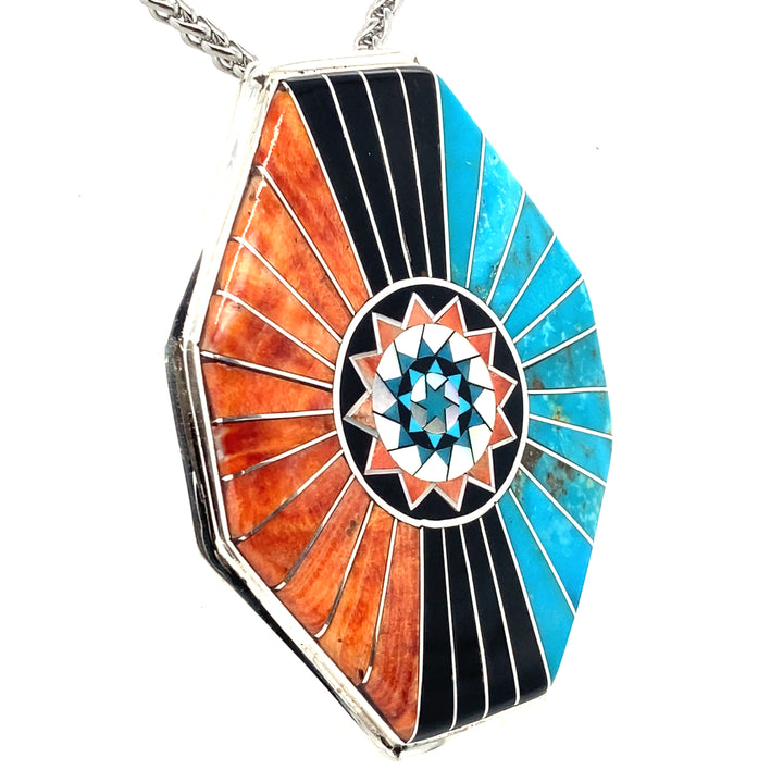 Pinecone Patchwork Inlay Pendant Large Turquoise Orange Sterling