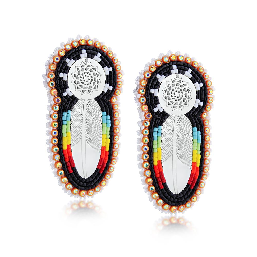 Hand Beaded Earrings Feather Orange Black-LumbeeJewelry.com