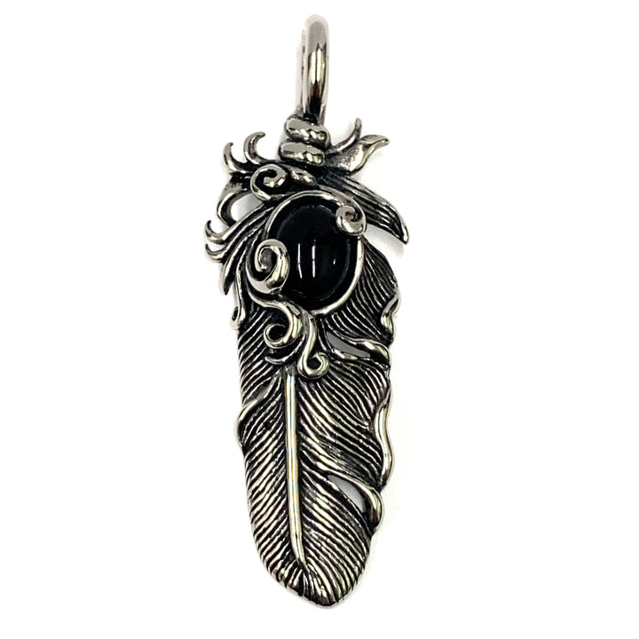 Feather Pendant Onyx Stone Stainless-LumbeeJewelry.com