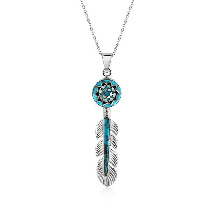 Pinecone Patchwork Inlay Feather Pendant Sterling-LumbeeJewelry.com