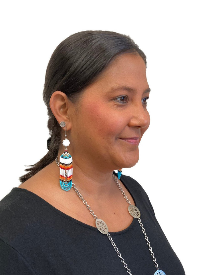 Turquoise blue,red Seed beaded Loop Earrings-LumbeeJewelry.com