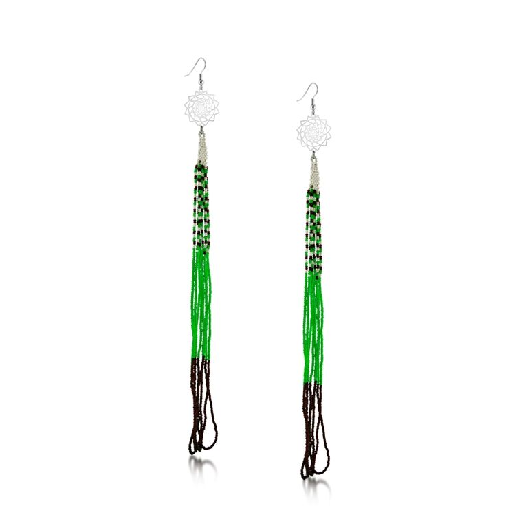 Seed Beaded Earrings 5in Long Green-LumbeeJewelry.com