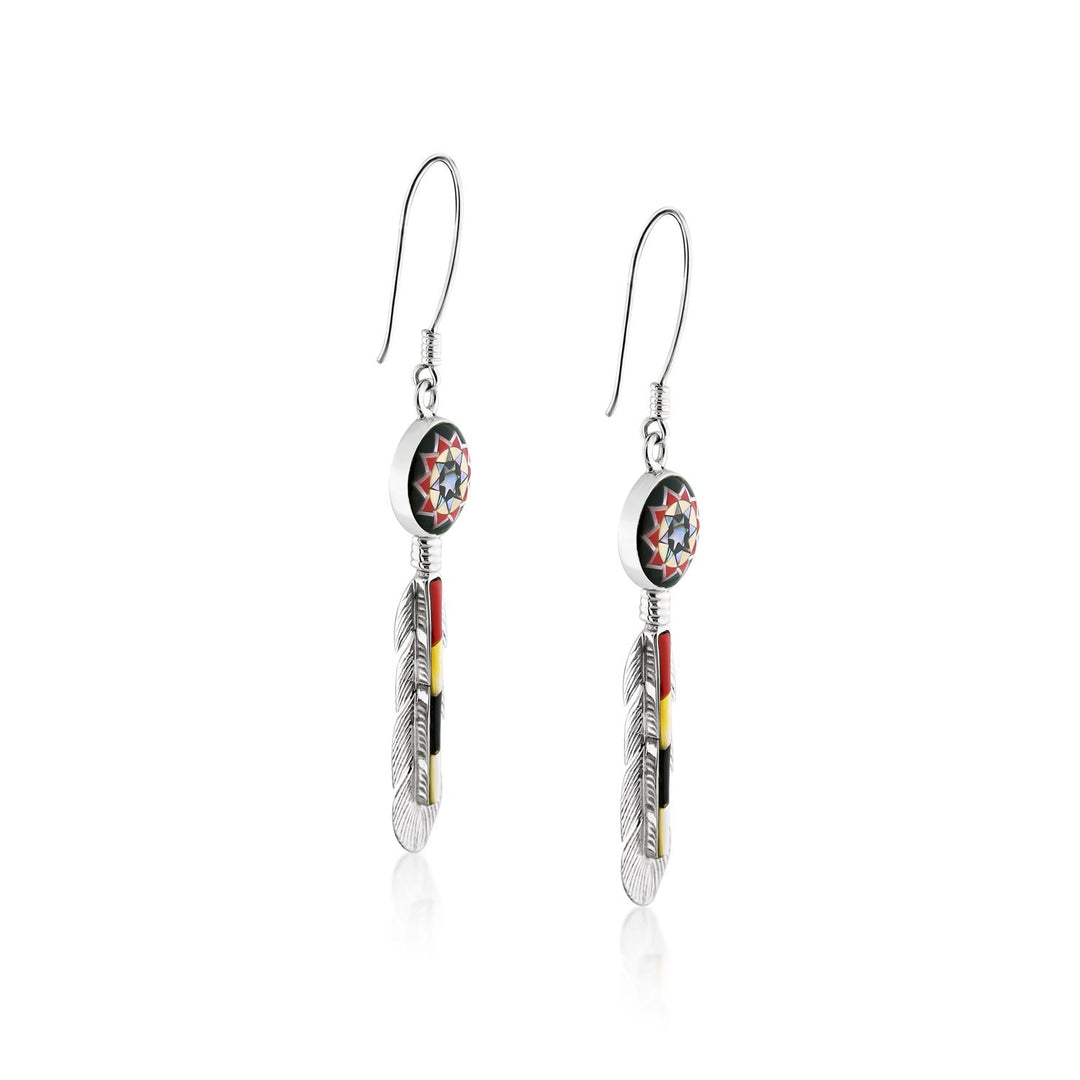 Pinecone Patchwork Inlay Feather Tribal Earrings Sterling-LumbeeJewelry.com